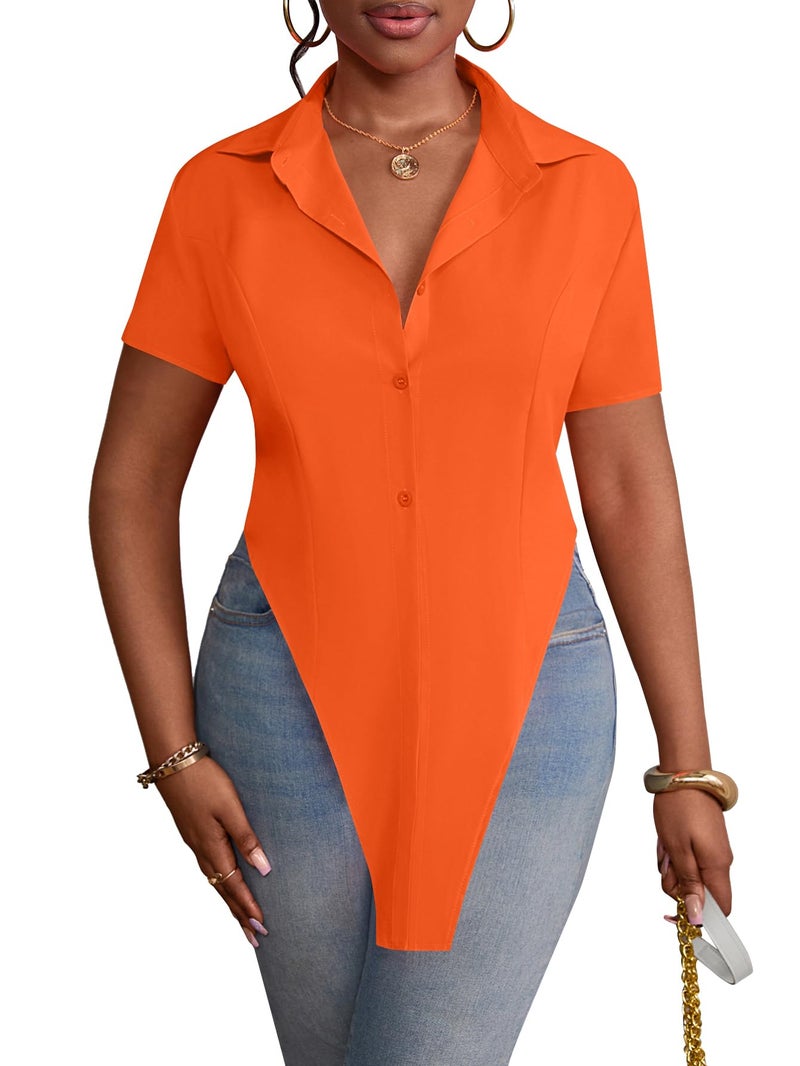 LYANER Women's Solid Collar V Neck Short Sleeve Button Front Slit Hem Long Shirt Blouse Top Orange X-Large - Image 4