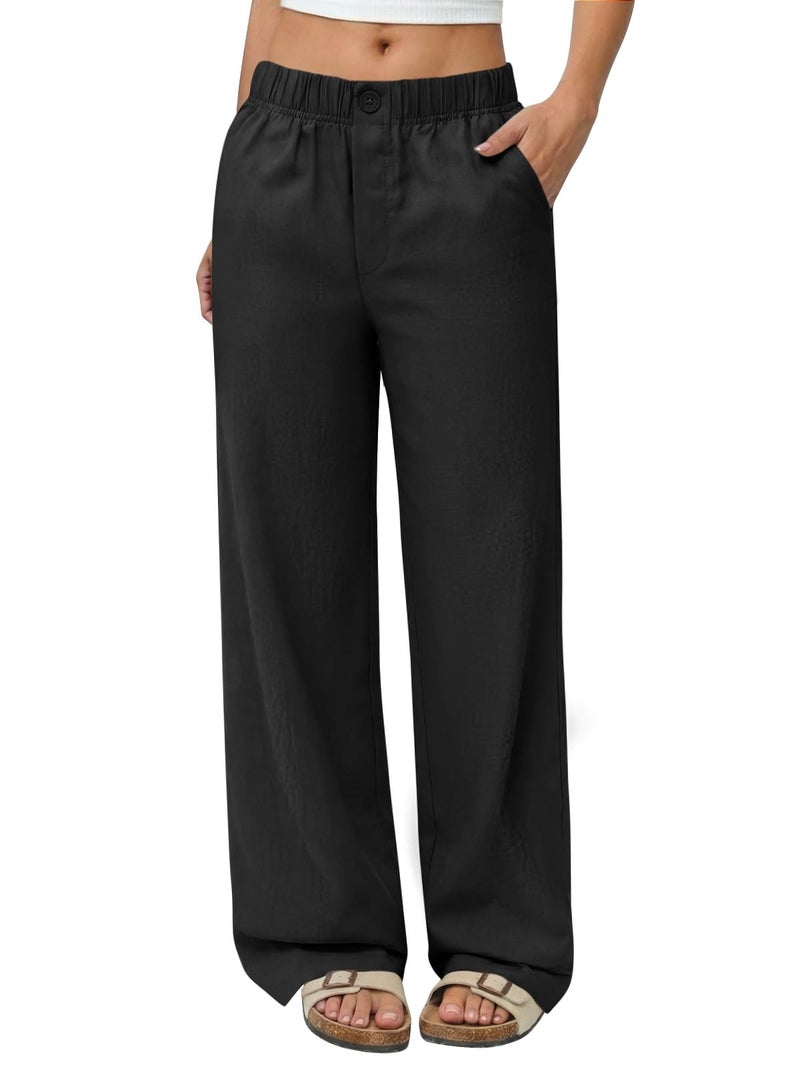 COPYLEAF Linen Pants Women Wide Leg Elastic Waist Flowy Palazzo Casual Pants with Pockets Beach Travel Trousers(Black S) - Image 1