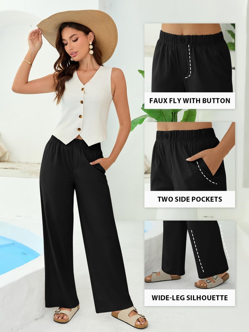 COPYLEAF Linen Pants Women Wide Leg Elastic Waist Flowy Palazzo Casual Pants with Pockets Beach Travel Trousers(Black S) - Image 5
