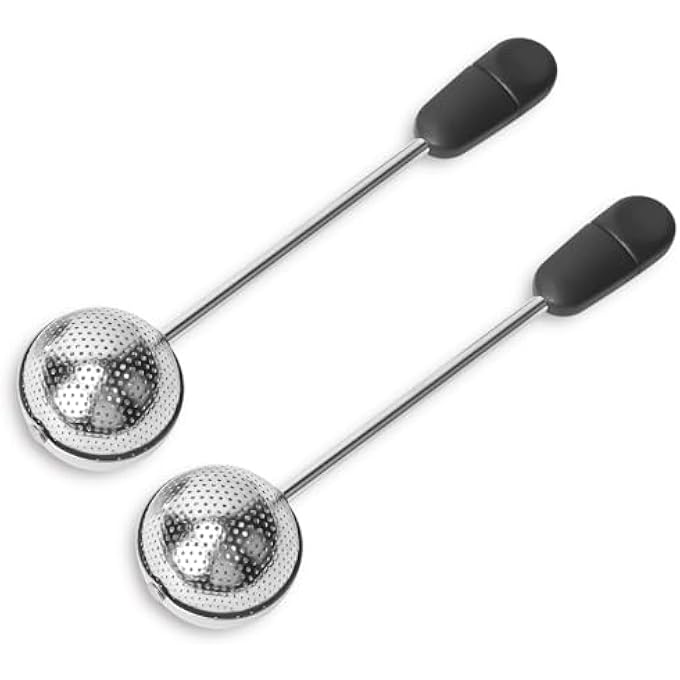 إكسفور كرة شاي ملتوية بمقبض طويل، قطعتان من فلتر نقع الشاي الممتاز لأوراق الشاي السائبة، مصفاة شبكية دقيقة قابلة لإعادة الاستخدام لتوزيع الشاي على فترات زمنية محددة للكوب وإبريق الشاي - Image 1