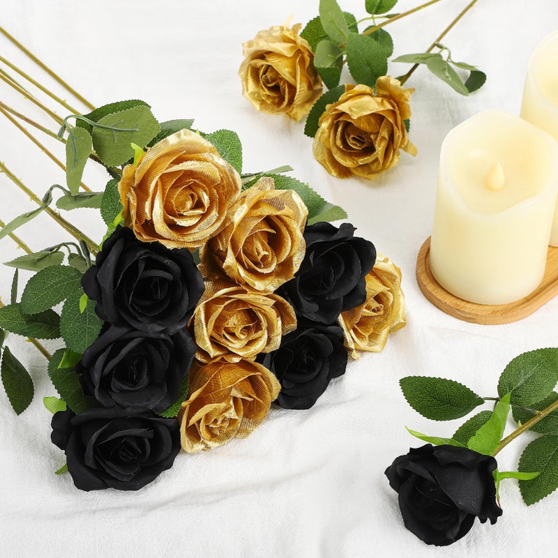 Hoemwarm 36 Pcs Silk Black Gold Rose Bouquet Bridal Artificial Flowers,Fake Rose Long Stem Realistic Flowers Bulk for Wedding Bouquet Ball Arrangement Centerpiece Party Decor - Image 4