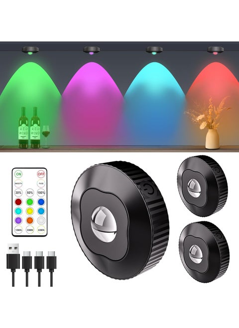 Rechargeable RGB closet light with remote control, under cabinet touch lights for kitchen, 1000mAh Battery Operated Tap Lights,Wireless led Push lights, LED Shelf Light Under Cabinet Type-c 3Pcs