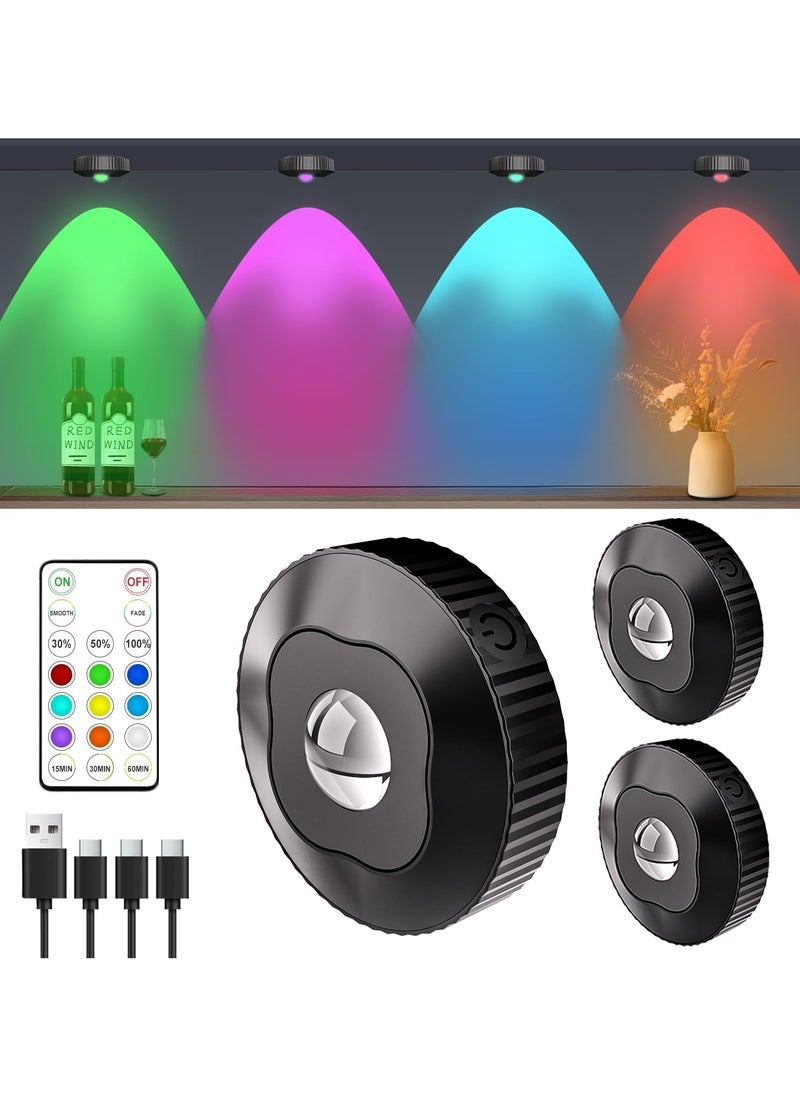 Dominy Rechargeable RGB closet light with remote control, under cabinet touch lights for kitchen, 1000mAh Battery Operated Tap Lights,Wireless led Push lights, LED Shelf Light Under Cabinet Type-c 3Pcs  - Image 1