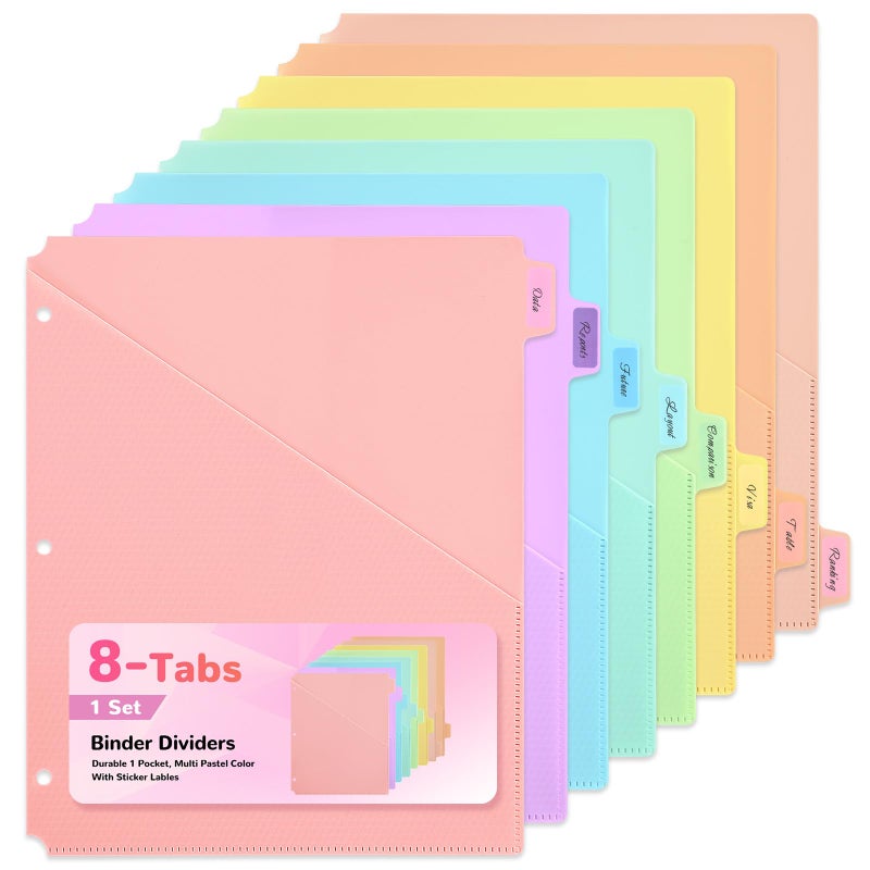 SUIN 8 Tab Binder Dividers with Pockets - Heavy Duty Plastic Dividers for 3 Ring Binder, Letter Size Poly Page Separators with Tabs & Label Stickers, Diamond Texture, 8 Pastel Colors, 1-Pack - Image 1