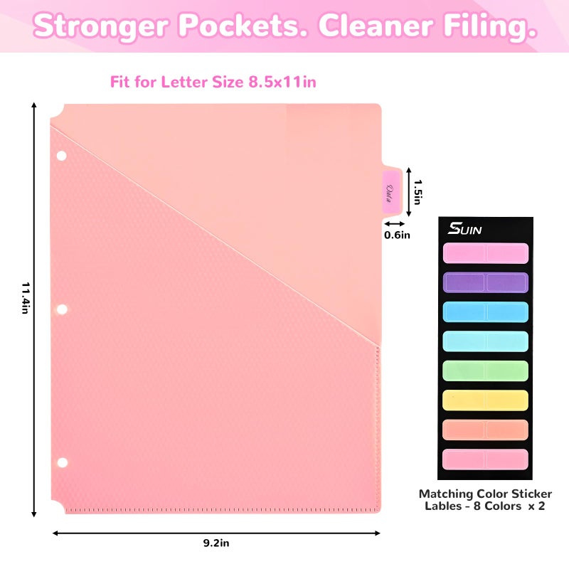 SUIN 8 Tab Binder Dividers with Pockets - Heavy Duty Plastic Dividers for 3 Ring Binder, Letter Size Poly Page Separators with Tabs & Label Stickers, Diamond Texture, 8 Pastel Colors, 1-Pack - Image 2