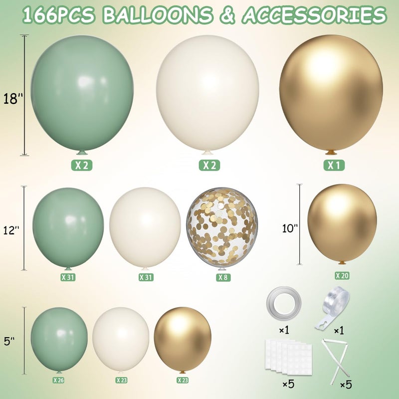MEBAY Sage Green White Gold Balloon Arch Kit, 166Pcs Sage Green White Sand Gold Metallic and Gold Confetti Balloons Garland for Baby Shower Gender Reveal Wedding Jungle Safari Party Decoration - Image 2