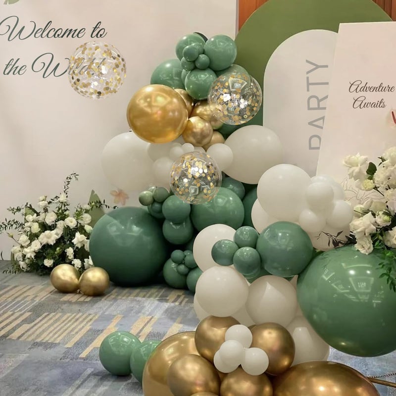 MEBAY Sage Green White Gold Balloon Arch Kit, 166Pcs Sage Green White Sand Gold Metallic and Gold Confetti Balloons Garland for Baby Shower Gender Reveal Wedding Jungle Safari Party Decoration - Image 3