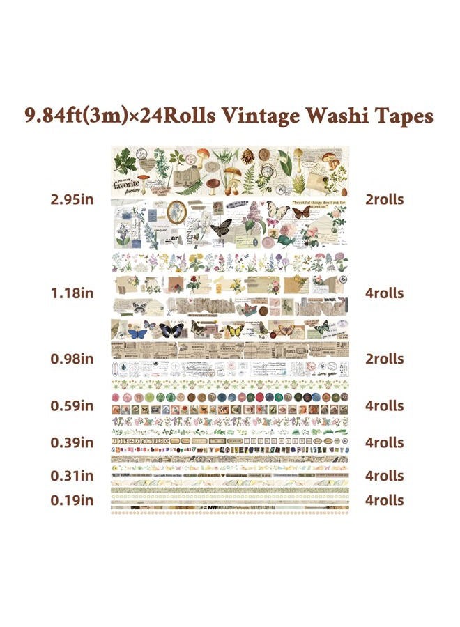 Gemmapylor Vintage Washi Tape Set – 24 Rolls Wide and Thin Colored Masking Tape (5mm–75mm) for Bullet Journal, Watercolor, Scrapbook, Crafts – Decorative Butterfly & Flower Washi Tapes Bulk Pack - Image 2