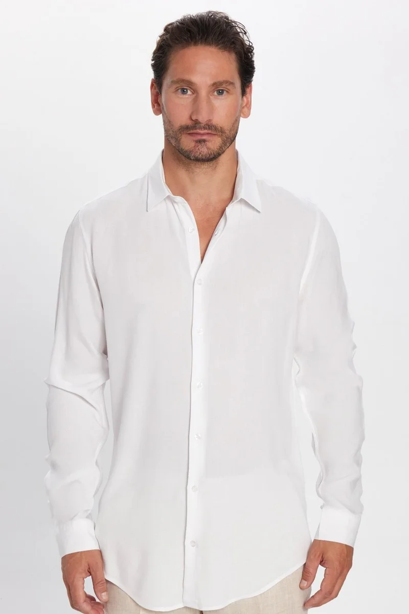 تودورس Slim Fit Long Sleeve Slim Cut Flowy Viscose Stylish Men's White Shirt