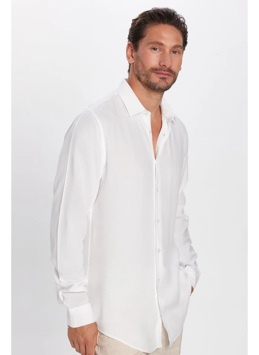 Tudors Slim Fit Long Sleeve Slim Cut Flowy Viscose Stylish Men's White Shirt