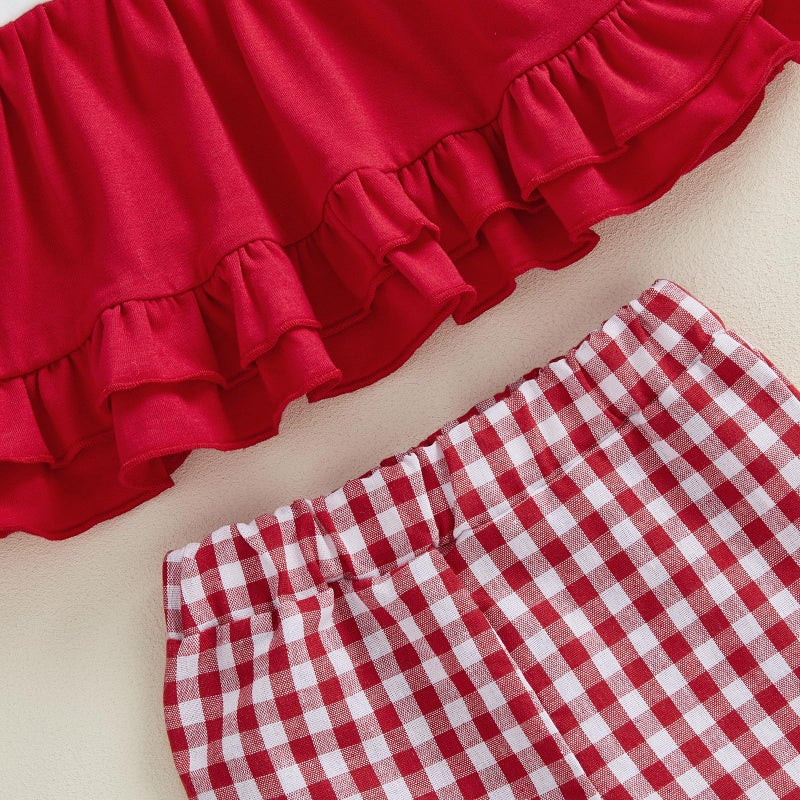 Ayalinggo Toddler Girl Valentine Day Outfit Be Mine Long Sleeves Ruffle Top Plaid Flare Pants Set Little Girls Spring Clothes (Red, 18-24 Months) - Image 5