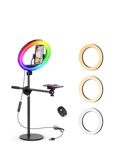 "حلقة إضاءة سيلفي مع حامل و2 حامل جوال، حامل كاميرا علوي لموبايل آيفون | حلقة إضاءة RGB مقاس 10.5 إنش مع حامل ثلاثي القوائم علوي وجهاز تحكم عن بعد لتسجيل الفيديو، إضاءة الكمبيوتر، مؤتمرات الفيديو والتكبير"