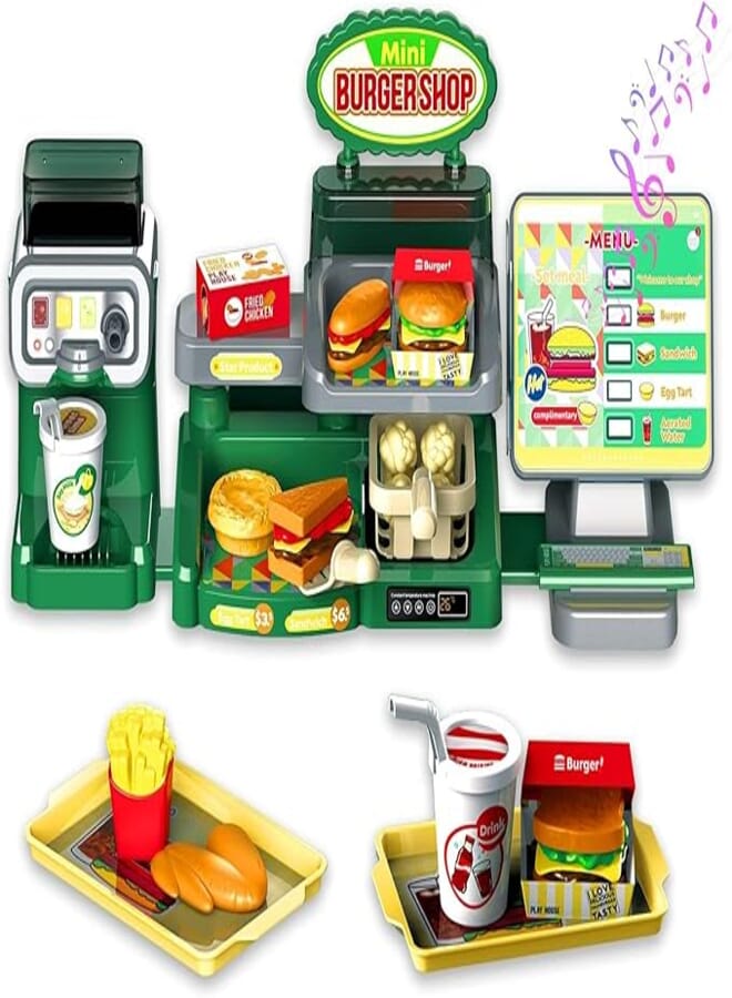 X spring Hamburger Cash Register, Pretend Play Hamburger Kitchen Set, Cash Register Toy with Sound, Play Kitchen Accessories, Hamburger Play Food Set, Play Store for Kid Age 3 4 5 6 Years Old