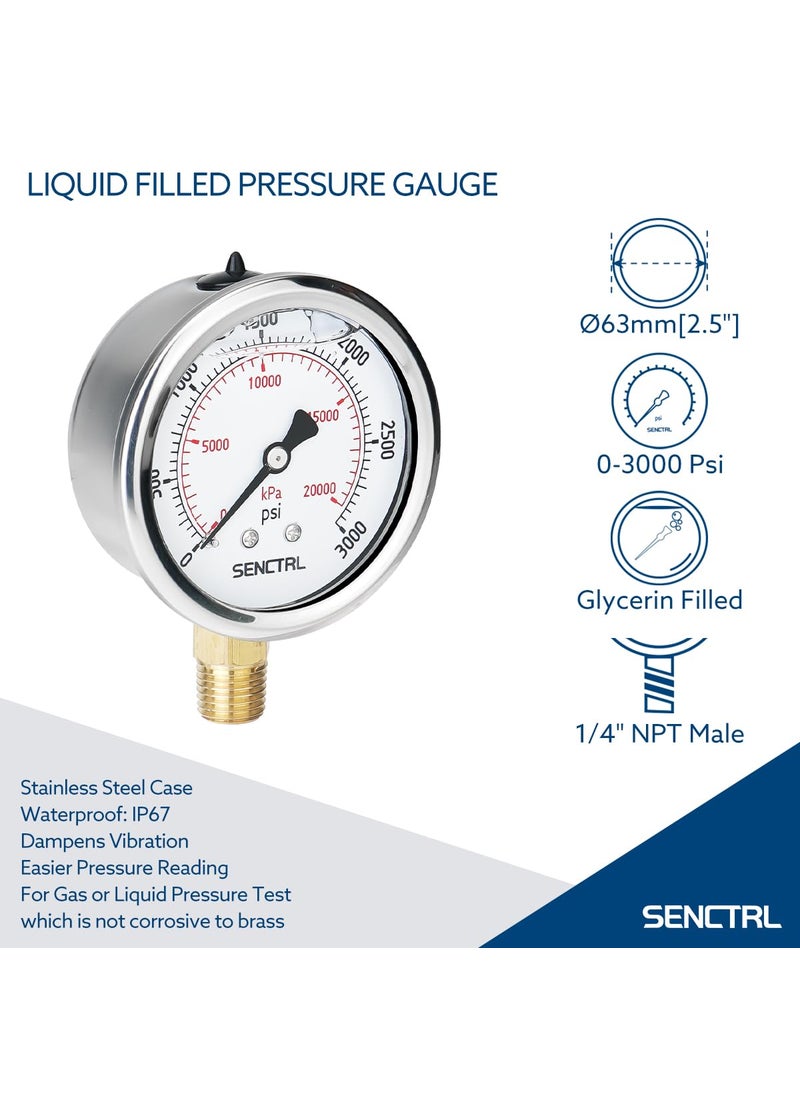 senctrl SENCTRL 3000 Psi Glycerin Liquid Filled Hydraulic Pressure Gauge, 2.5" Dial Size, 1/4" NPT Lower Mount, Stainless Steel Case, for Air Gas Water Oil Pressure Test  - Image 2