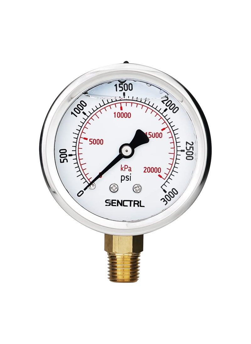 senctrl SENCTRL 3000 Psi Glycerin Liquid Filled Hydraulic Pressure Gauge, 2.5" Dial Size, 1/4" NPT Lower Mount, Stainless Steel Case, for Air Gas Water Oil Pressure Test  - Image 1