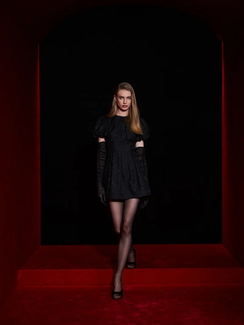 Lichi  Voluminous jacquard mini dress with puff sleeves for Women | Best Price UAE
