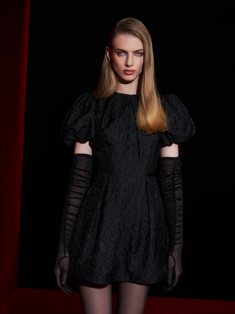 Lichi  Voluminous jacquard mini dress with puff sleeves for Women | Best Price UAE