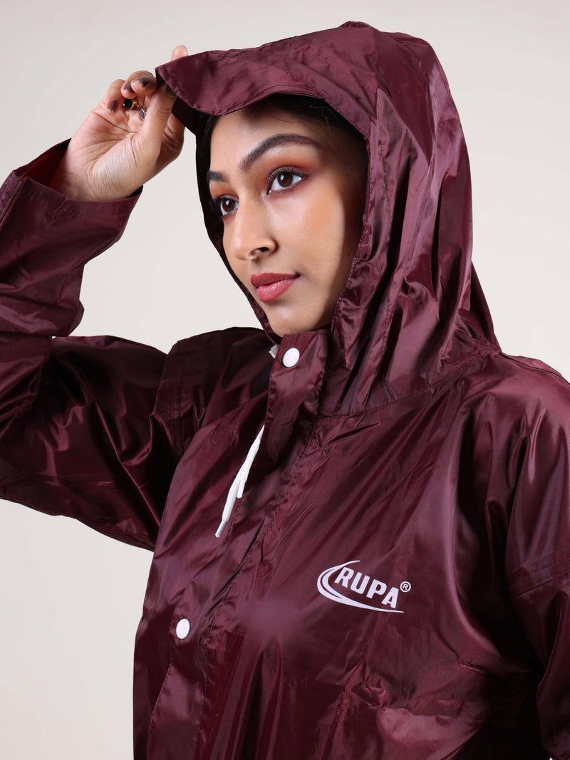 Rupa Women Plain Waterproof Rain Coat in Polyester fabric with Adjustable Hood & Flap-Covered Zip - Image 2