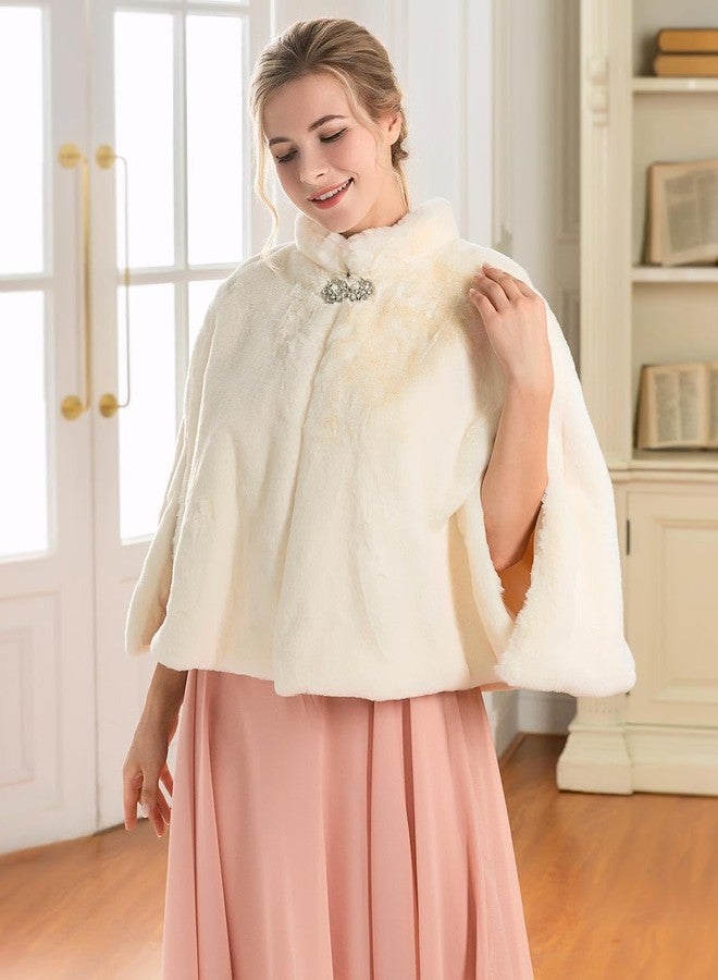 GORAIS Women's Faux Fur Cape and Wraps Bridal Fur Stole Wedding Shawls with Brooch for Bride and Bridesmaids - Image 3