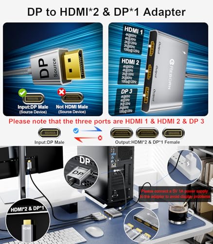 Reborn DisplayPort to Dual HDMI Splitter and DP Adapter 4K@60Hz, DP Source to 2 HDMI and DisplayPort Adapter 1 in 3 Out Splitter Extended Display with PC, Graphics Card, Lenovo, HP and More - Image 2