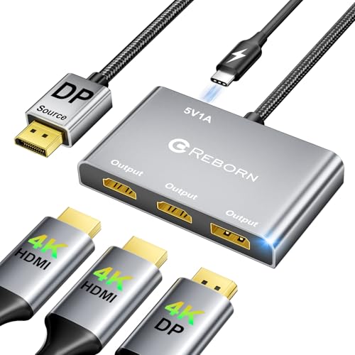 Reborn DisplayPort to Dual HDMI Splitter and DP Adapter 4K@60Hz, DP Source to 2 HDMI and DisplayPort Adapter 1 in 3 Out Splitter Extended Display with PC, Graphics Card, Lenovo, HP and More - Image 1