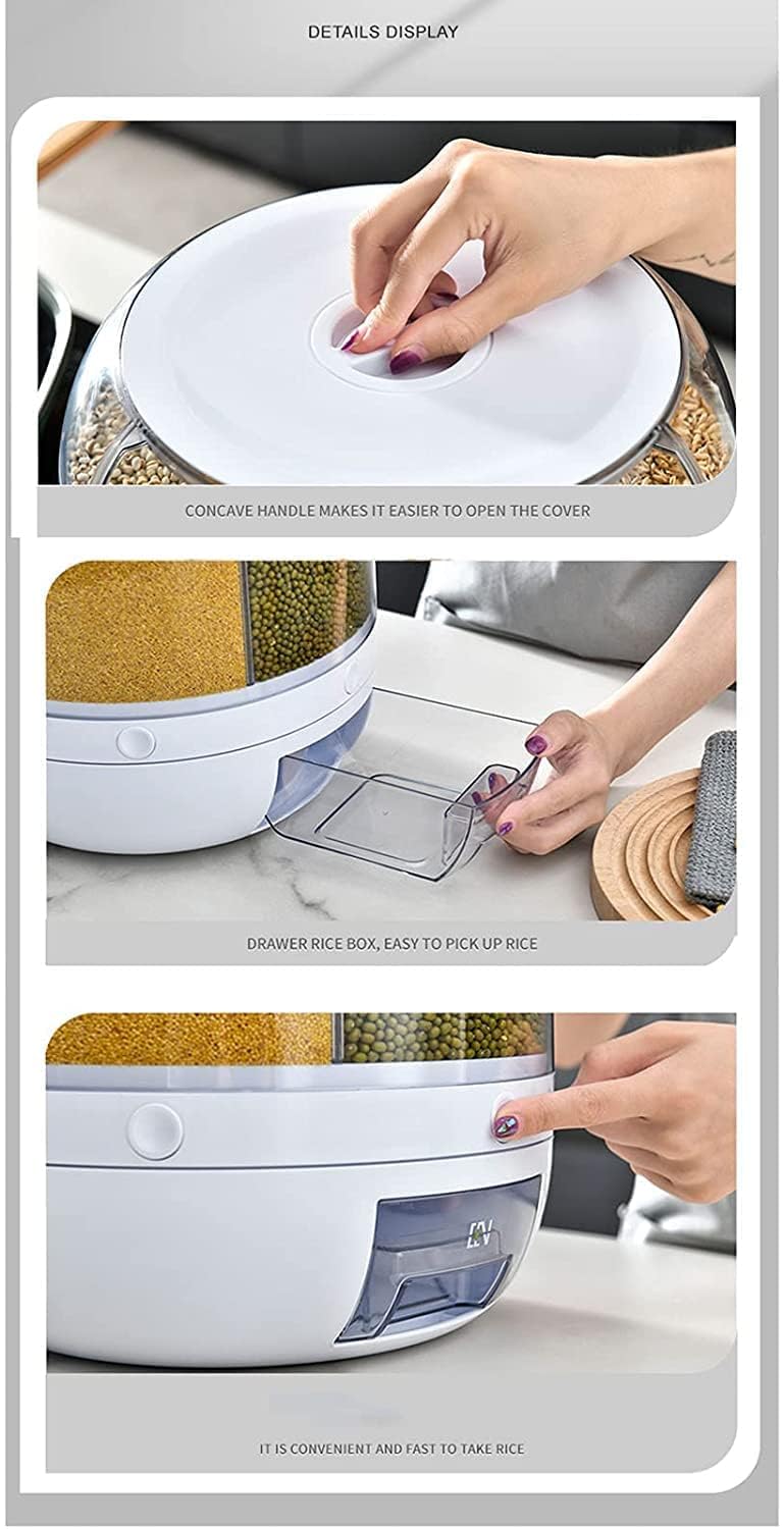 YAGVIZ YAGVIZ 6Grid Round Rice Dispenser Rotating Rice Storage Container Dry Food Storage Box Large Food Dispenser 6Grid Rice Bucket Cereal Dispenser Rice Dispenser OneClick Rice Picking  - Image 4