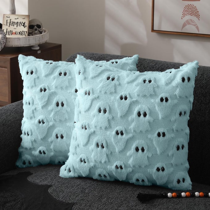 HALLOWEEN PILLOW COVERS 18X18 INCH SET OF 2 BLUE GHOST THROW PILLOW CASES SOFT PLUSH FAUX FUR WOOL COUCH CUSHION CASE FOR CHAIR SOFA BEDROOM LIVING ROOM HOME DECOR PTK03G18