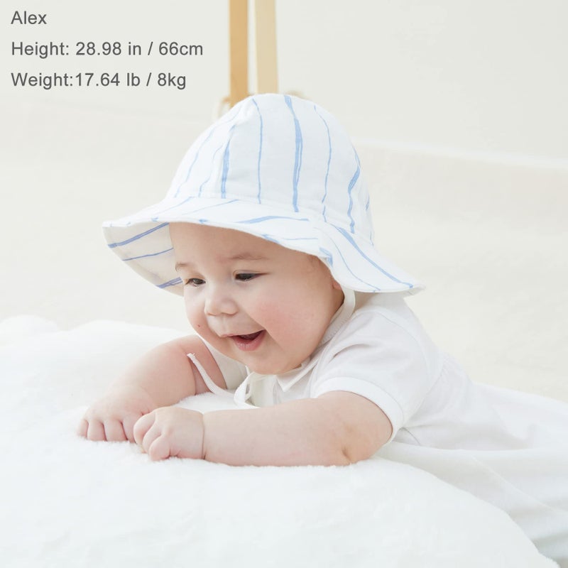 PureBorn قبعة شمسية واسعة الحواف للأطفال الرضع من بيوربورن، قبعة دلو لحماية من الشمس مع أحزمة زرقاء 0-3 أشهر - Image 2
