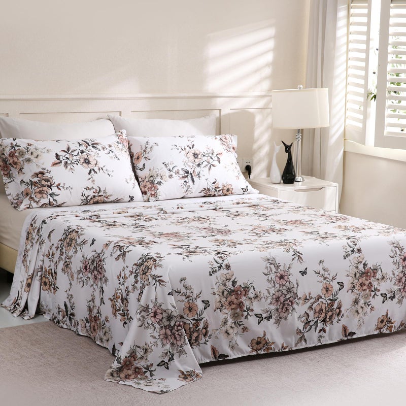 LONAVA Floral Queen Size Bed Sheet Set, 6 Piece, Deep Pocket Light Grey Fitted Sheet, Comfy & Breathable Patterned Flat Sheets, Premium Microfiber, Tropical Flower Printed - Image 3