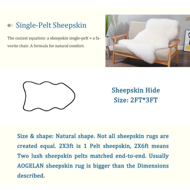 AOGELAN Premium Genuine Sheepskin Rug, Genuine Sheepskin Natural Fluffy Fuzzy Lambskin Fur Area Rug for Kids Bedroom Sofa Chair Seat Cover Pets Dogs Mat Single Pelt/2'x 3' White/Ivory - Image 4