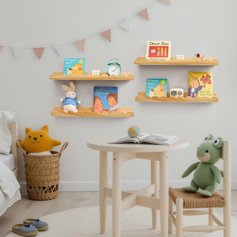 Conamily Scalloped Baby Book Shelf,Floating Shelves for Wall Set of 4 Natural Solid Pine Wood Nursery Bookshelves with Wave Lip for Bedroom Kids, Toddler Room, Baby Room, Nursery Decor(Natural,40cm) - Image 3