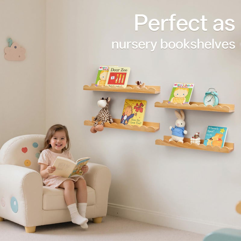 Conamily Scalloped Baby Book Shelf,Floating Shelves for Wall Set of 4 Natural Solid Pine Wood Nursery Bookshelves with Wave Lip for Bedroom Kids, Toddler Room, Baby Room, Nursery Decor(Natural,40cm) - Image 2