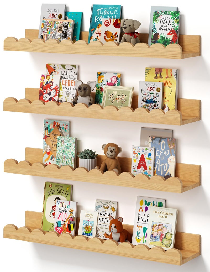 Conamily Scalloped Baby Book Shelf,Floating Shelves for Wall Set of 4 Natural Solid Pine Wood Nursery Bookshelves with Wave Lip for Bedroom Kids, Toddler Room, Baby Room, Nursery Decor(Natural,40cm) - Image 1