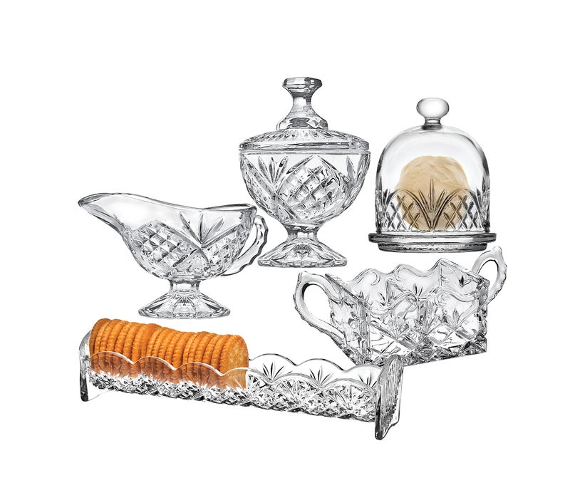 Godinger Godinger Serving Hostess Set  Butter Dish Sugar and Creamer Packet Holder Cracker Tray  5 Piece Set Dublin Collection 