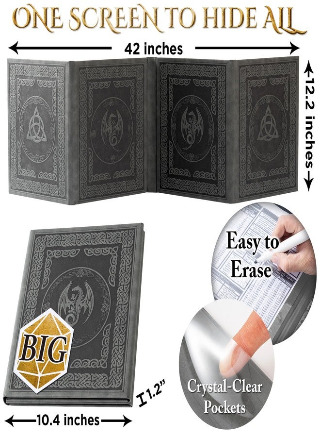 Soar Forge DM Screen for DND with 4 Wider Panels - Crystal Clear GM Pockets - Embossed Faux Leather Dungeon Master Screen with Celtic Knot & Dragon Design for D&D 5e & More - Image 4