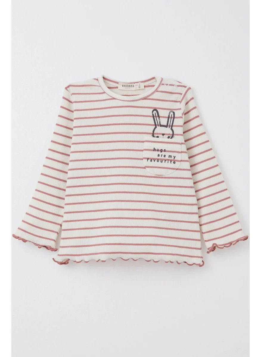 Export Baby Girl Long Sleeve T-Shirt with Placket and Bunny Print and Pocket Writing, 0-3 Years, Ecru