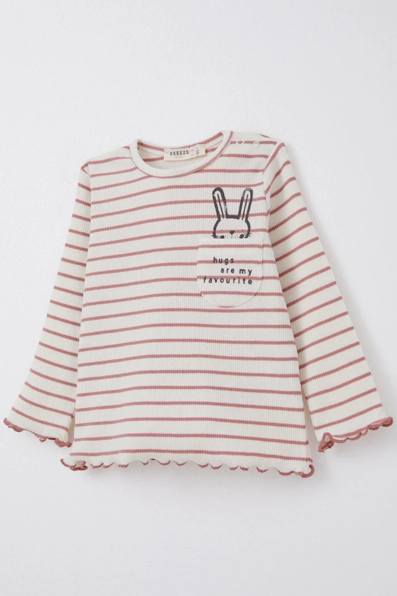 اكسبورت Baby Girl Long Sleeve T-Shirt with Placket and Bunny Print and Pocket Writing, 0-3 Years, Ecru