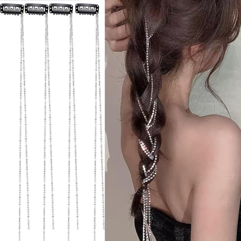 CHIROGRAPHY 4 PCS Rhinestones Hair Chains Crystal Extension For Women and Girl Rhinestone Accessories Bling Punk Tassel Hair Clips 20 Inch Strand hair Decorative - Image 1