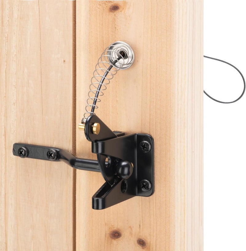 HILLMASTER Self Locking Gate Latch for Wooden Fence Heavy Duty,Gravity Lever Fence Door Latches with Steel Spring Cable Pull String Gate Hardware Gate Lock for Outdoor Secure Pool,Garden,Black Finish - Image 1