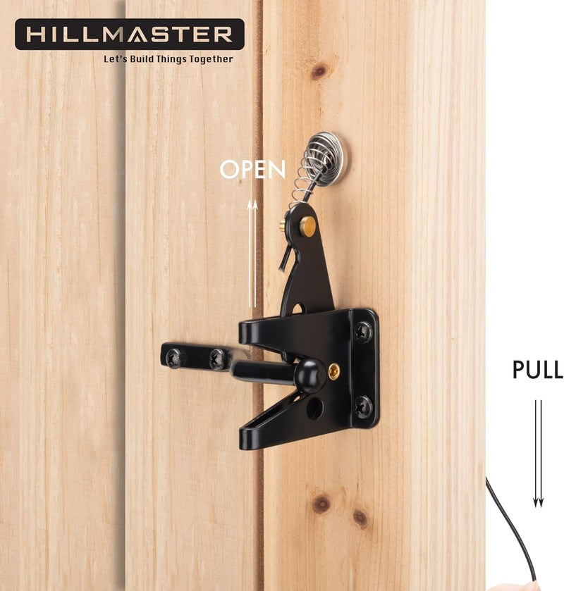 HILLMASTER Self Locking Gate Latch for Wooden Fence Heavy Duty,Gravity Lever Fence Door Latches with Steel Spring Cable Pull String Gate Hardware Gate Lock for Outdoor Secure Pool,Garden,Black Finish - Image 2