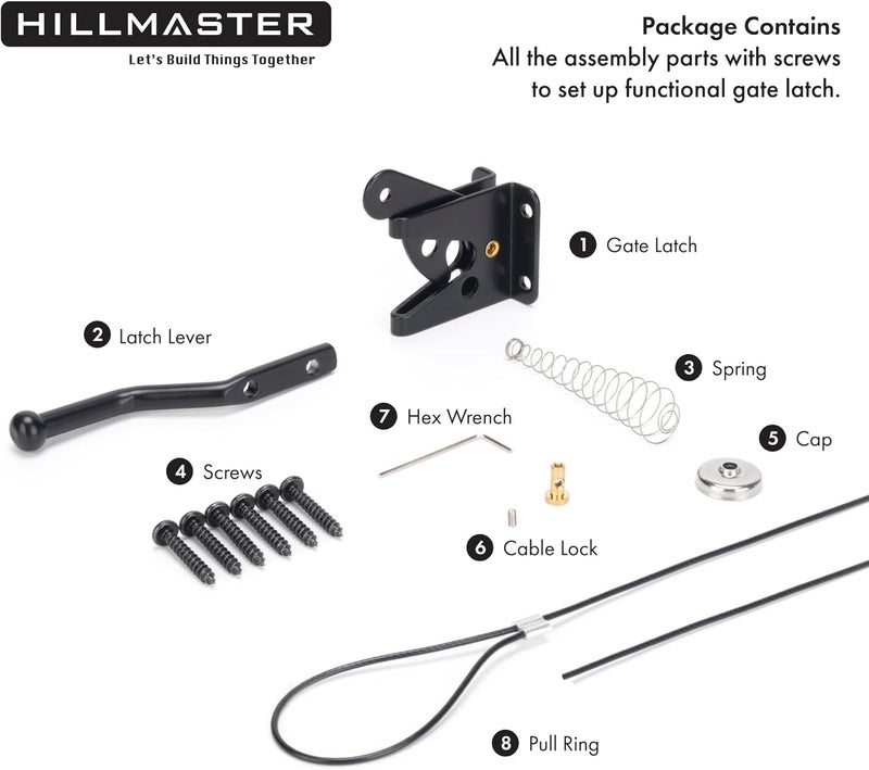 HILLMASTER Self Locking Gate Latch for Wooden Fence Heavy Duty,Gravity Lever Fence Door Latches with Steel Spring Cable Pull String Gate Hardware Gate Lock for Outdoor Secure Pool,Garden,Black Finish - Image 3