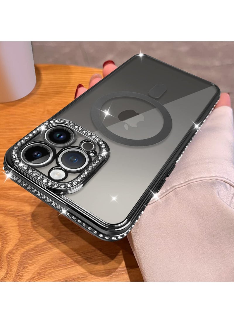 Sparkly Magnetic Glitter Case for iPhone 14 Pro Max - Luxury Clear Bumper with Diamond Plating, Full Camera Protection, MagSafe Compatible, Perfect for Women and Girls - Black - Image 1