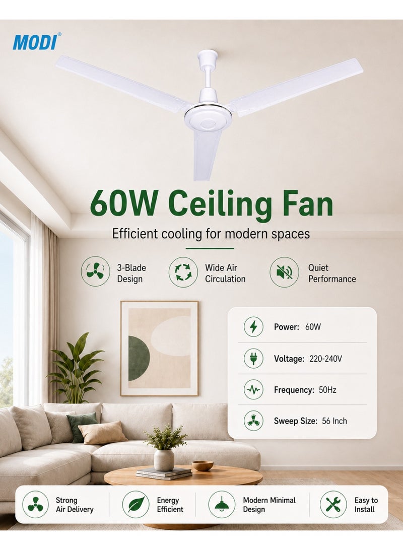 MODI 60W Ceiling Fan 56 Inch, 3 Blade White Ceiling Mounted Fan, Wide Air Circulation, Low Noise Performance, Energy Efficient Fan for Bedroom Living Room Office Home Use - Image 1