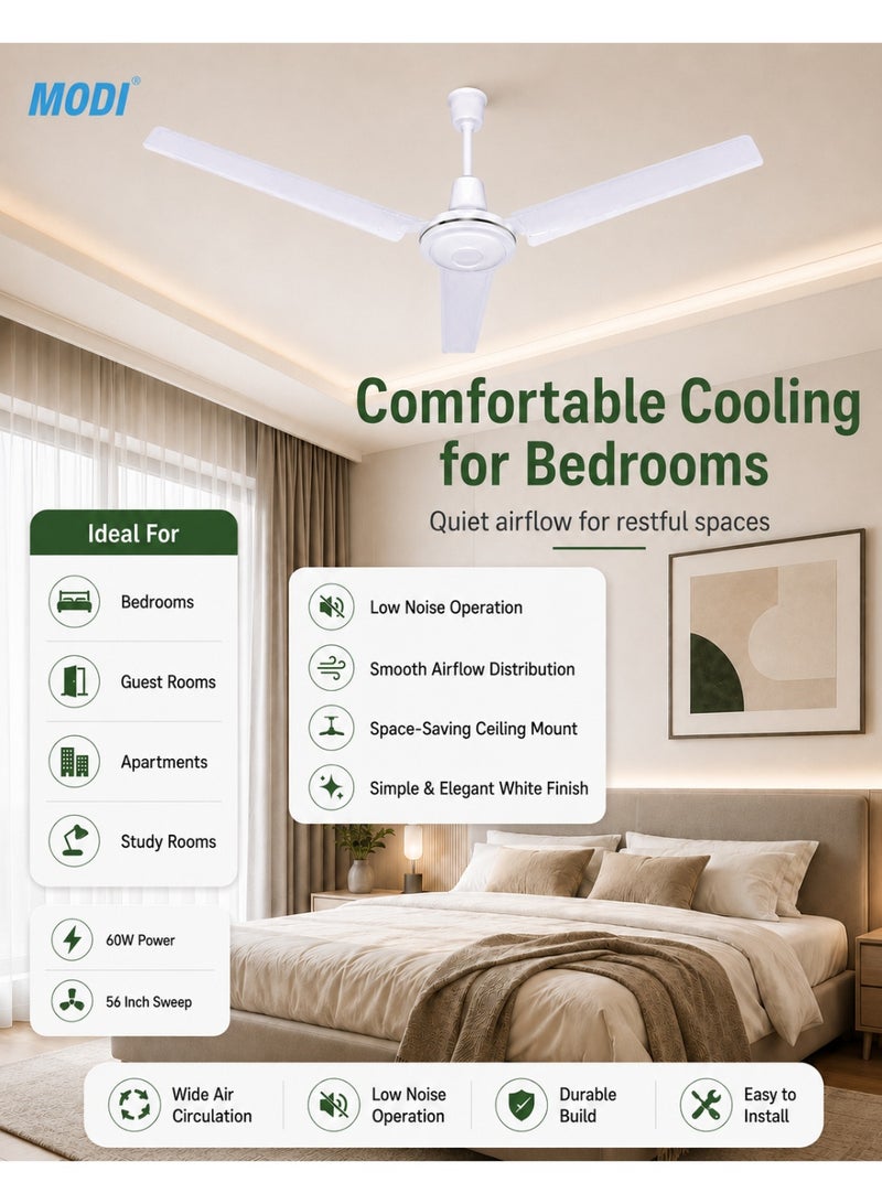 MODI 60W Ceiling Fan 56 Inch, 3 Blade White Ceiling Mounted Fan, Wide Air Circulation, Low Noise Performance, Energy Efficient Fan for Bedroom Living Room Office Home Use - Image 5