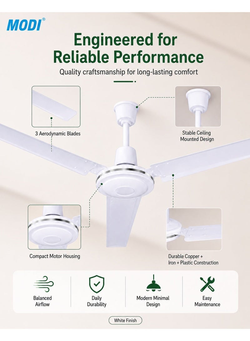 MODI 60W Ceiling Fan 56 Inch, 3 Blade White Ceiling Mounted Fan, Wide Air Circulation, Low Noise Performance, Energy Efficient Fan for Bedroom Living Room Office Home Use - Image 3