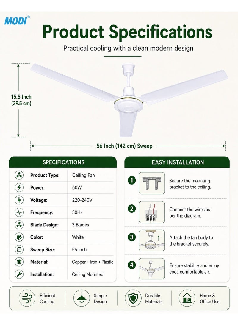 MODI 60W Ceiling Fan 56 Inch, 3 Blade White Ceiling Mounted Fan, Wide Air Circulation, Low Noise Performance, Energy Efficient Fan for Bedroom Living Room Office Home Use - Image 2