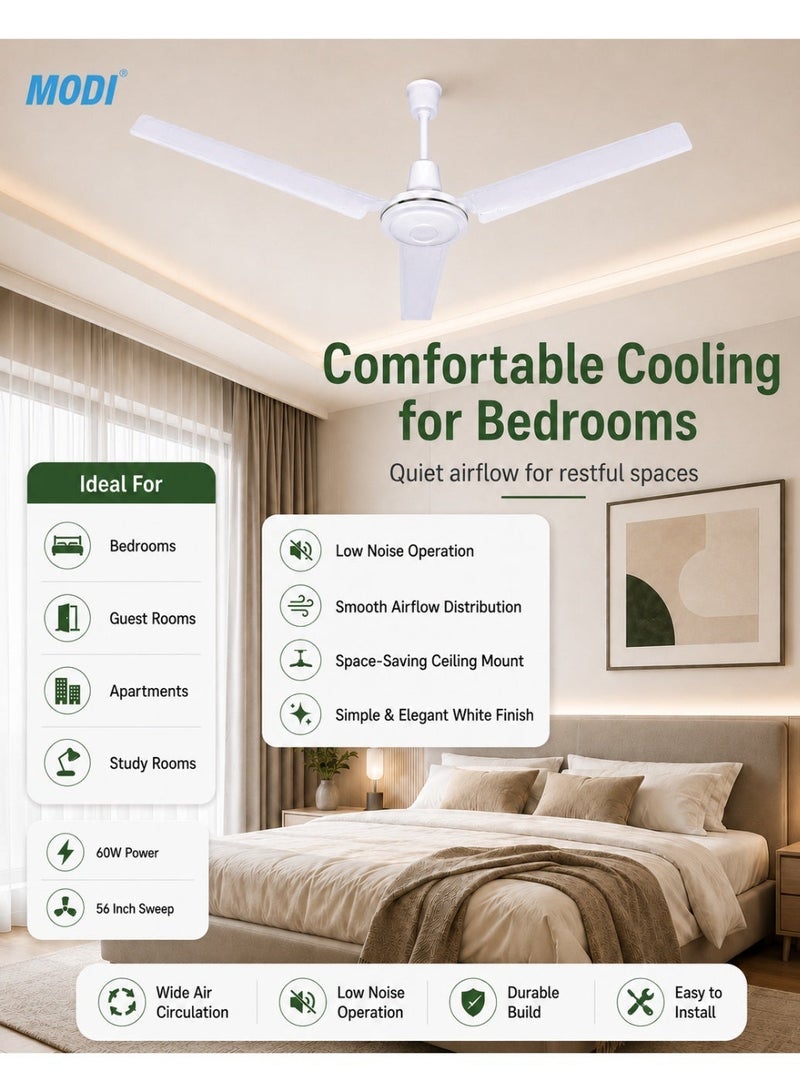 MODI 60W Ceiling Fan 56 Inch, 3 Blade White Ceiling Mounted Fan, Wide Air Circulation, Low Noise Performance, Energy Efficient Fan for Bedroom Living Room Office Home Use - Image 5