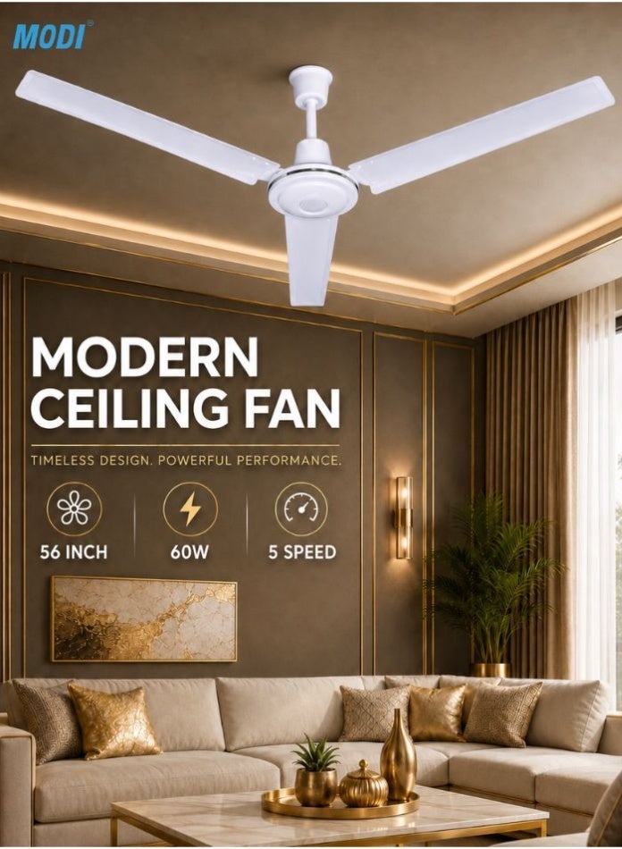MODI 60W Ceiling Fan 56 Inch, 3 Blade White Ceiling Mounted Fan, Wide Air Circulation, Low Noise Performance, Energy Efficient Fan for Bedroom Living Room Office Home Use - Image 1