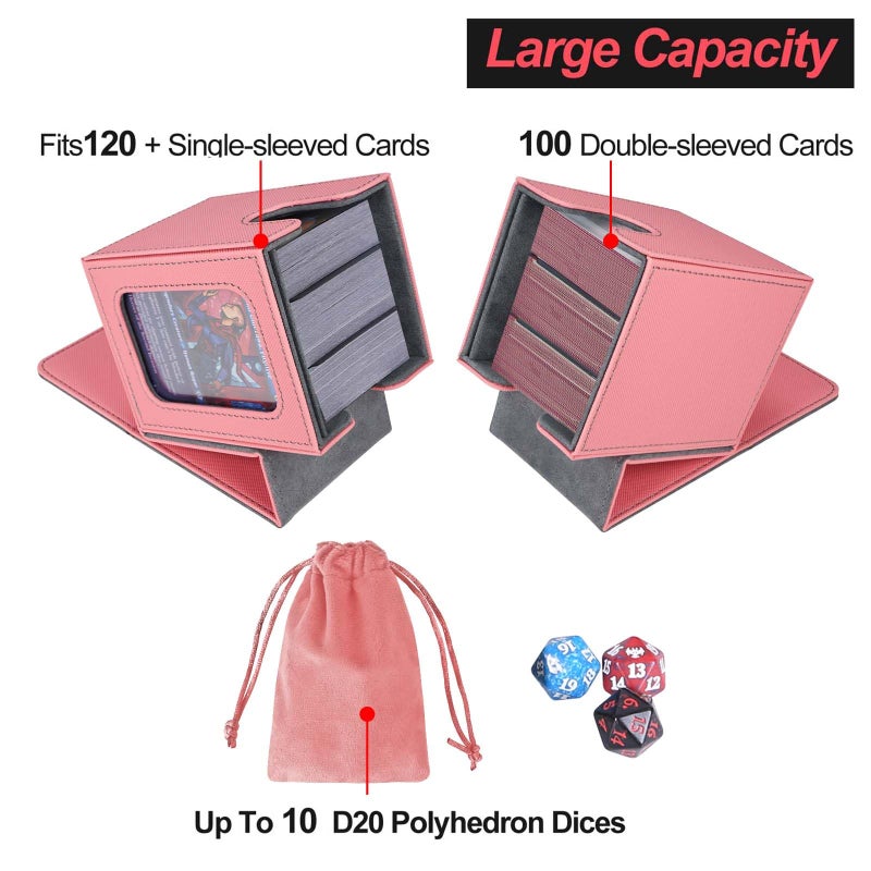 AFIING MTG Deck Box for Commander Display,Card Deck Box Fits 100 Double Sleeved Cards, Magic Commander TCG Card Storage Box with 2 Dividers,Drawstring Bag and 1 Toploader(Pink/grey) - Image 3