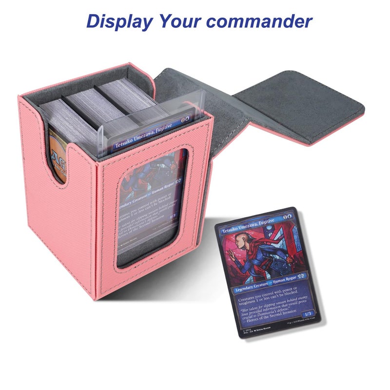 AFIING MTG Deck Box for Commander Display,Card Deck Box Fits 100 Double Sleeved Cards, Magic Commander TCG Card Storage Box with 2 Dividers,Drawstring Bag and 1 Toploader(Pink/grey) - Image 2